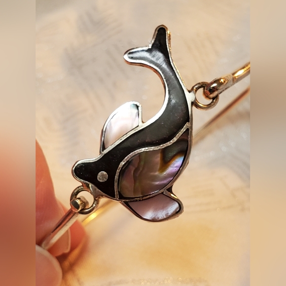 Vintage Mexico Alpaca Silver Shell Inlay Bracelet with Dolphin or Porpoi… - Picture 8 of 11